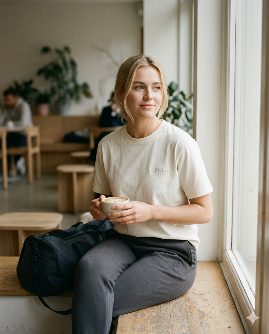 Woman wearing APRÈS in a coffee shop after a workout