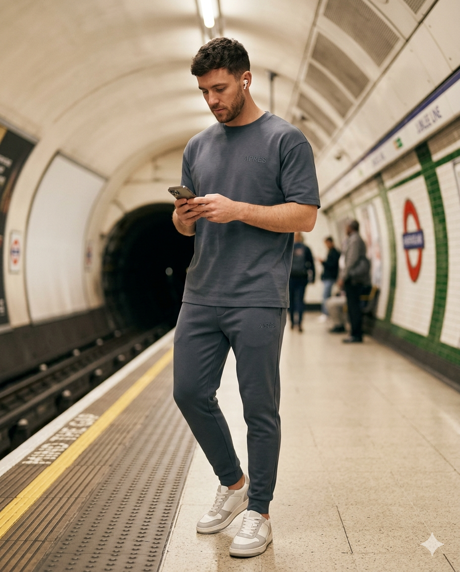 Man wearing APRÈS on the London Underground