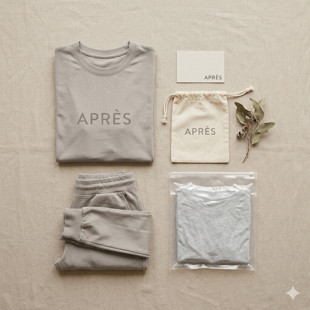 APRÈS complete kit flat-lay — tee, joggers, and kit bag